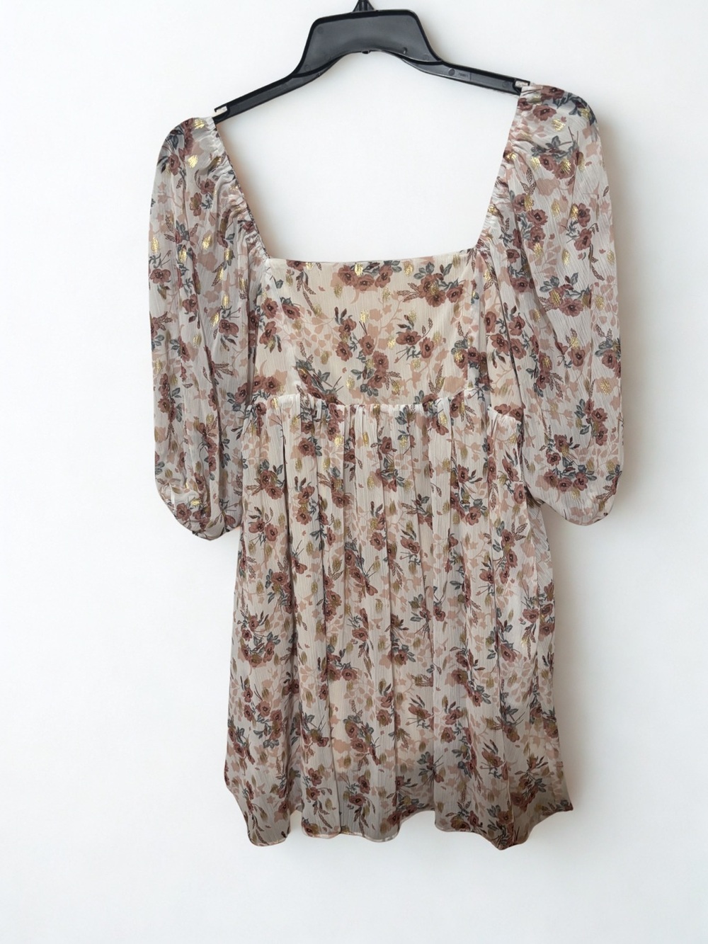 Square-Neck Puff Sleeve Floral Mini Dress in Cream & Brown